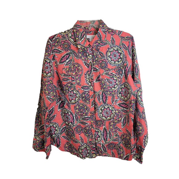 Charter Club Pink Floral Linen Roll Tab Sleeve Button Up Shirt Women's Size 14 - Picture 1 of 11